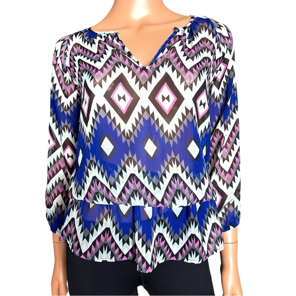 Charlotte Russe Sheer Colorful Print Peplum Office Blouse